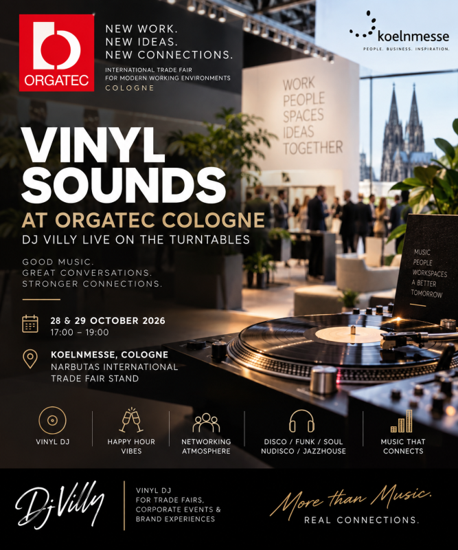 Vinyl Sounds auf der ORGATEC Köln – DJ Villy live auf der Koelnmesse  | Stand- und Messe-Party